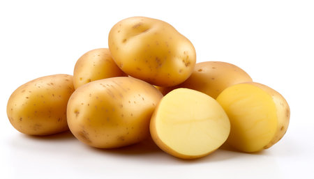 potato whole and sliced scattered around background concept isolated whiteの写真素材