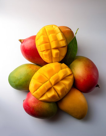 mangoes whole and sliced scattered around background concept isolated white
