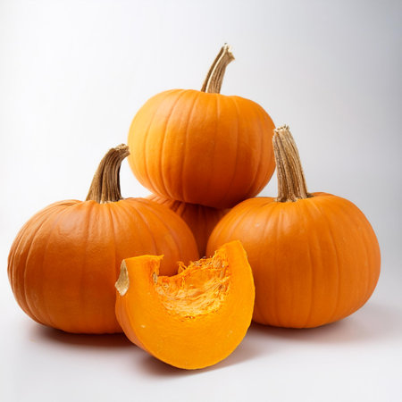 pumpkin whole and sliced scattered around background concept isolated whiteの写真素材