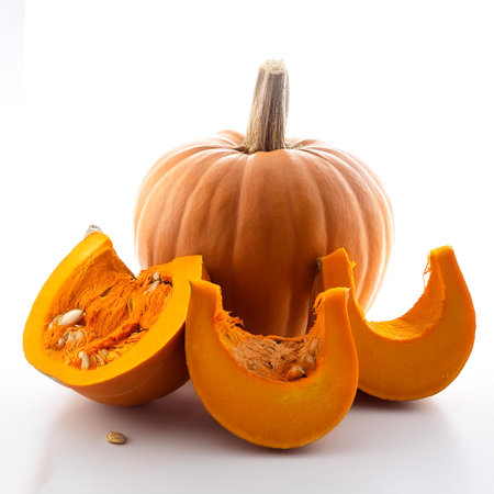 pumpkin whole and sliced scattered around background concept isolated whiteの写真素材