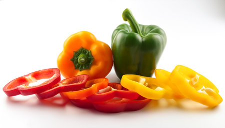 Sweet pepper whole and sliced scattered around background concept isolated whiteの写真素材