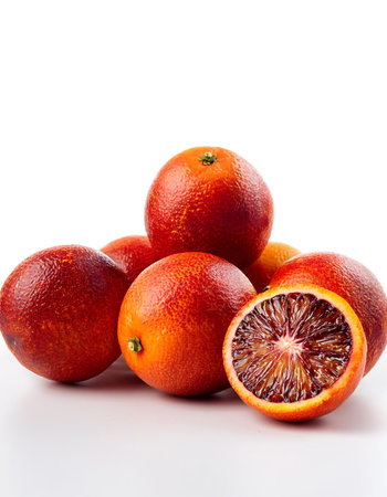 red blood orange whole and sliced scattered around background concept isolated whiteの写真素材