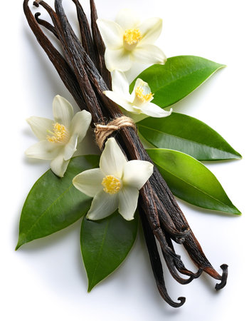 A bunch or pile of Vanilla pods, green leaves and flowers scattered around background concept isolated whiteの写真素材