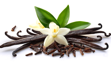 A bunch or pile of Vanilla pods, green leaves and flowers scattered around background concept isolated whiteの写真素材