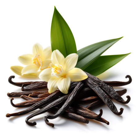 A bunch or pile of Vanilla pods, green leaves and flowers scattered around background concept isolated whiteの写真素材