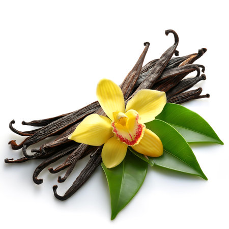 A bunch or pile of Vanilla pods, green leaves and flowers scattered around background concept isolated whiteの写真素材
