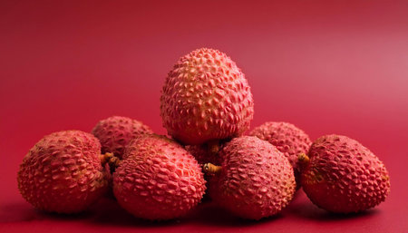 lychee isolated on soft red backgroundの写真素材