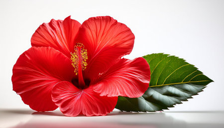 bright large red hibiscus flower and leaf isolated on white backgroundの写真素材