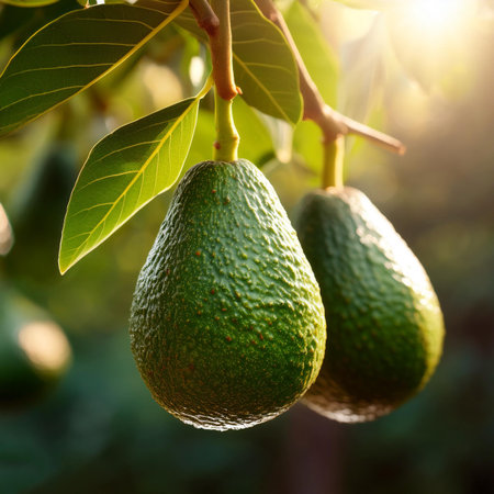 avocado on branch. avocado farmingの写真素材