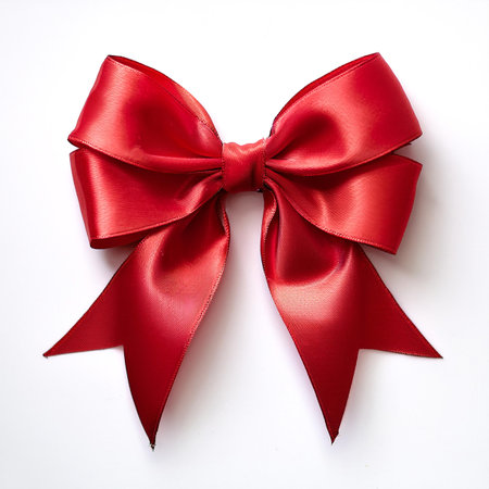 Red satin bow ribbon scroll isolated on white background with clipping path for Christmas holiday and wedding anniversary card confetti design decorationの写真素材