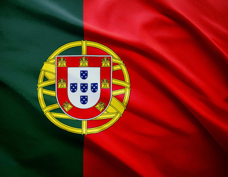 Portuguese Republic flag waving in the wind. Close up of Portuguese Republic flag banner blowing, soft and smooth silk. Cloth fabric texture ensign background. Use it for national day and country occasions conceptの写真素材