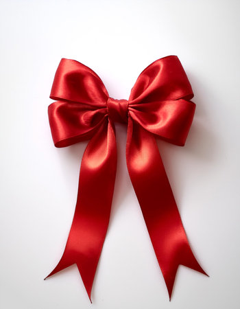 Red satin bow ribbon scroll isolated on white background with clipping path for Christmas holiday and wedding anniversary card confetti design decorationの写真素材