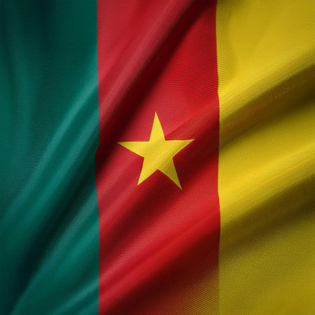 Republic of Cameroon flag waving in the wind. Close up of Republic of Cameroon banner blowing, soft and smooth silk. Cloth fabric texture ensign background. Use it for national day and country occasions conceptの写真素材