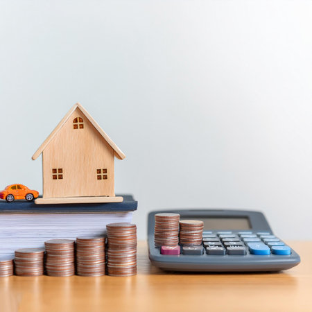 Stack of coins and cars, toy house on wooden table with calculator and financial graph nearby. White background to isolate objects. Simple and clean. on side position provides copy space for text. background concept isolated whiteの写真素材