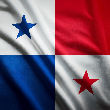 Republic of Panama flag waving in the wind. Close up of Republic of Panama flag banner blowing, soft and smooth silk. Cloth fabric texture ensign background. Use it for national day and country occasions conceptの写真素材