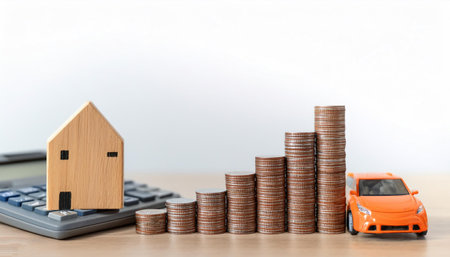 Stack of coins and cars, toy house on wooden table with calculator and financial graph nearby. White background to isolate objects. Simple and clean. on side position provides copy space for text. background concept isolated whiteの写真素材