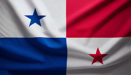 Republic of Panama flag waving in the wind. Close up of Republic of Panama flag banner blowing, soft and smooth silk. Cloth fabric texture ensign background. Use it for national day and country occasions conceptの写真素材