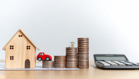 Stack of coins and cars, toy house on wooden table with calculator and financial graph nearby. White background to isolate objects. Simple and clean. on side position provides copy space for text. background concept isolated whiteの写真素材
