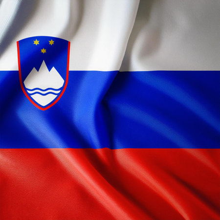 Republic of Slovenia flag waving in the wind. Close up of Republic of Slovenia flag banner blowing, soft and smooth silk. Cloth fabric texture ensign background. Use it for national day and country occasions conceptの写真素材
