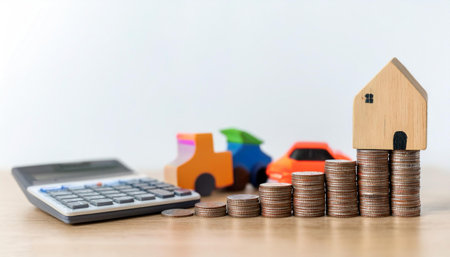 Stack of coins and cars, toy house on wooden table with calculator and financial graph nearby. White background to isolate objects. Simple and clean. on side position provides copy space for text. background concept isolated whiteの写真素材