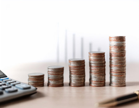 Stack of coins on wooden table with calculator and financial graph nearby. White background to isolate objects. Simple and cleanの写真素材