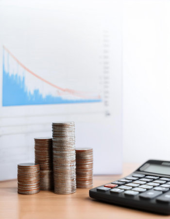 Stack of coins on wooden table with calculator and financial graph nearby. White background to...
