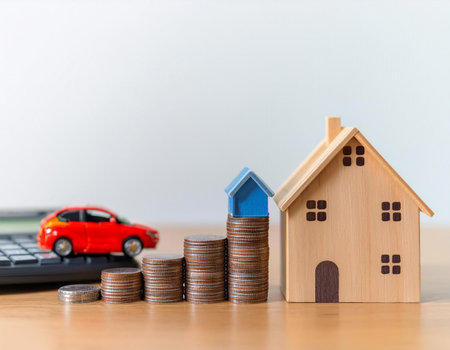 Stack of coins and cars, toy house on wooden table with calculator and financial graph nearby. White background to isolate objects. Simple and clean. on side position provides copy space for text. background concept isolated whiteの写真素材