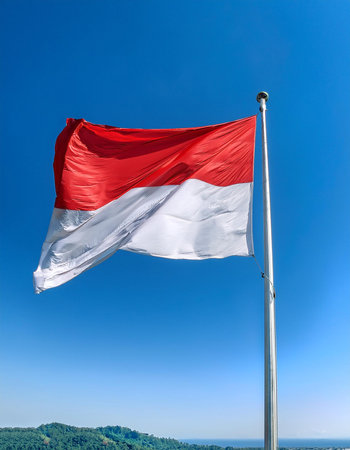The flag of the Republic of Indonesia flying proudly on a flagpole with a clear sky in the backgroundの写真素材