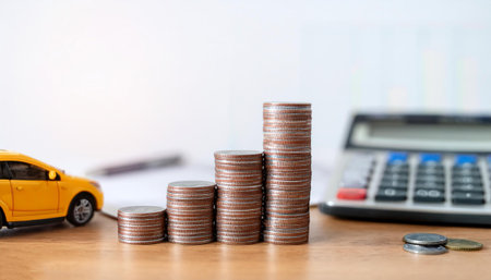 Stack of coins and cars, toy house on wooden table with calculator and financial graph nearby. White background to isolate objects. Simple and clean. on side position provides copy space for text. background concept isolated whiteの写真素材