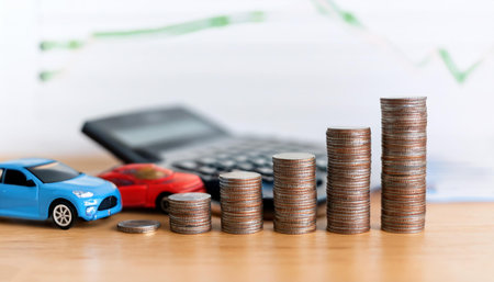 Stack of coins and cars, toy house on wooden table with calculator and financial graph nearby. White...