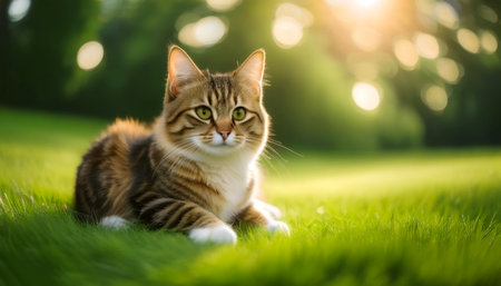 A cat is sitting on a green grass with blur green bokeh backgroundの写真素材