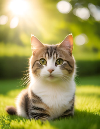 A cat is sitting on a green grass with blur green bokeh backgroundの写真素材