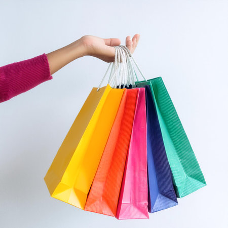Female hand holding many colorful shopping bags, template. Mockup