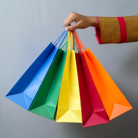 Female hand holding many colorful shopping bags, template. Mockupの写真素材
