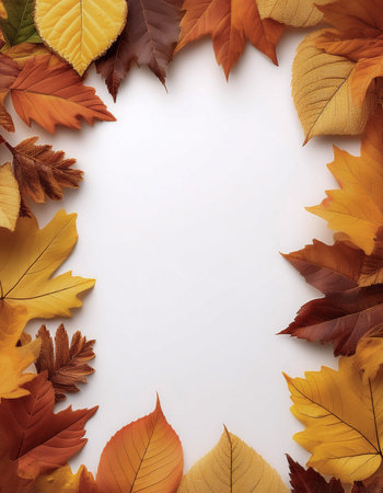 frame of autumn leaves isolated on white backgroundの写真素材