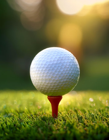 Close-up golf ball on tee with blur green bokeh backgroundの写真素材