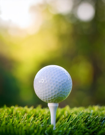 Close-up golf ball on tee with blur green bokeh backgroundの写真素材