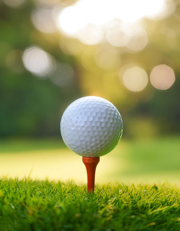 Close-up golf ball on tee with blur green bokeh backgroundの写真素材