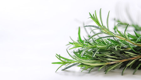 close up Rosemary on side position provides copy space for text. background concept isolated whiteの写真素材