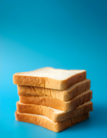Delicious bread slices on side position provides copy space for text. background concept isolated light blue backgroundの写真素材