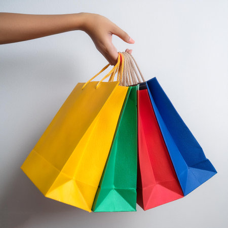 Female hand holding many colorful shopping bags, template. Mockupの写真素材