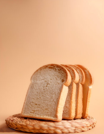 Delicious bread slices on side position provides copy space for text. background concept isolated biege backgroundの写真素材