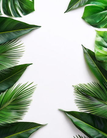 green tropical leaves filling the edges of the frame isolated on a white backgroundの写真素材