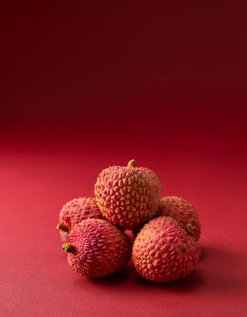 lychee isolated on soft red backgroundの写真素材