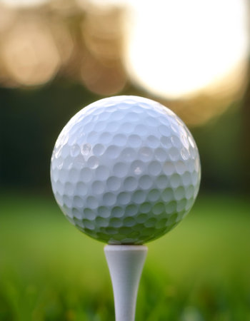 Close-up golf ball on tee with blur green bokeh backgroundの写真素材