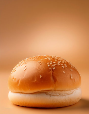 hamburger bread bun on side position provides copy space for text. background concept isolated biege backgroundの写真素材
