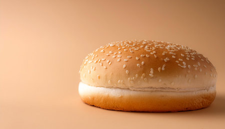 hamburger bread bun on side position provides copy space for text. background concept isolated biege backgroundの写真素材