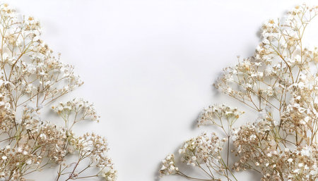 Gypsophila dry little white flowers light filling the edges of the frame isolated on a white backgroundの写真素材