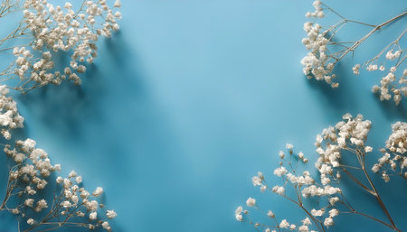 Gypsophila dry little white flowers light filling the edges of the frame isolated on a light blue backgroundの写真素材