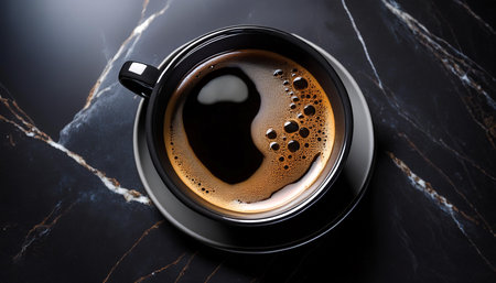 Hot black coffee in black ceramic cup Top view of a freshly brewed cup of black coffee, with bubbles showing the intense aroma. background concept isolated dark black backgroundの写真素材